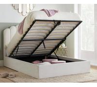 Save On Goods UK 4Ft6 Double White Soft Boucle Fabric Upholstered Fan Style Design Ottoman Lift Up Storage Bed Frame