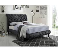 Save On Goods UK 5Ft King Size Black Crushed Velvet Fabric Scroll Sleigh Chesterfield Button Back Fabric Upholstered Bed Frame