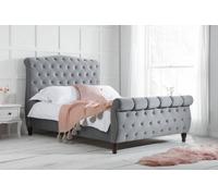 Save On Goods UK 6Ft Super King Grey Velvet Finish Scroll Back Chesterfield Fabric Upholstered Button Bed Frame,bedstead,button Back, Rolled Linen