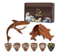 "Save Our Oceans" Shark Guitar Capo Gift Set-1 Wood-Finish Shark-Shaped Capo&1 Shark-Shaped Guitar Pick Holder with 6 Picks (5 Shark Food+1 Ocean Trash)-Fun Eco Educational Music Gift for Eco-Warriors