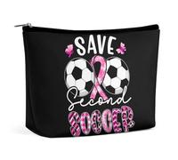 Save Second Soccer Pink Ribbon Breast Cancer Awareness Makeup Bag PU Travel Storage Bag Pouch Waterproof Zipper Toiletry for Women 6.8x5.9 in