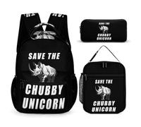 SAVE THE CHUBBY UNICORN Backpack with Lunch Bag And Pencil Case | 3Pcs Printed Backpack Set,Travel Daypack