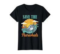 Save the Narwhals Vintage Coastal Ocean Wildlife Art Design Value Graphic T-Shirt, Women, Black, M