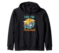 Save the Narwhals Vintage Coastal Ocean Wildlife Art Design Zip Hoodie