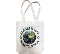 Save the Planet Reusable Grocery Tote Bag, White Cotton Canvas with Earth Design, Eco Recycling Message