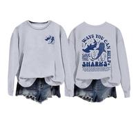 Save the Sharks Sweatshirt for Women Cute Shark Long Sleeve Pullover Tops Fall Oversized Crewneck Jumpers Shirts Light Gray
