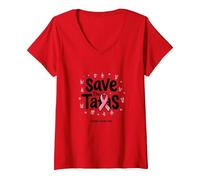 Save The Tatas Breast Cancer Awareness October Pink Ribbon V-Neck T-Shirt, Women, Red, S
