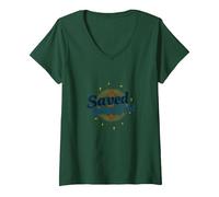Saved and Sanctified: Inspirational Christian Faith Gift V-Neck T-Shirt, Women, Forest Green, S