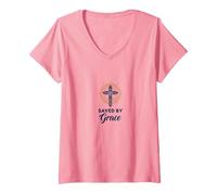Saved by Grace: Elegant Cross for Christians, Christians V-Neck T-Shirt, Women, Pink, XXL