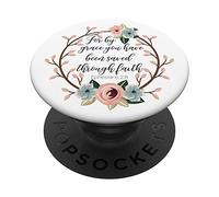 Saved By Grace Ephesians 2:8 Pink Blue Floral Bible Verse PopSockets Swappable PopGrip