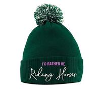 SaveThePeople I'd Rather Be Riding Horses Hat - Bobble Beanie Hat - Horse Riding Gifts for Girls - Winter Beanie Hat with Horse Slogan Embroidered On The Front Bottle Green
