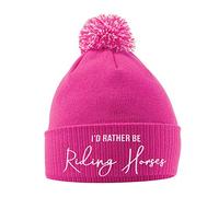 SaveThePeople I'd Rather Be Riding Horses Hat - Bobble Beanie Hat - Horse Riding Gifts for Girls - Winter Beanie Hat with Horse Slogan Embroidered On The Front