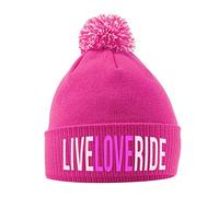 SaveThePeople Live Love Ride Horse Riding Hat - Bobble Beanie Hat - Horse Riding Gifts for Girls - Winter Beanie Hat with Horse Slogan Embroidered On The Front Bright Pink