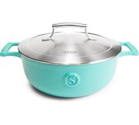 SAVEUR SELECTS 25cm / 3.5QT Enamel Cast Iron Saucier with Stainless Steel Double-Walled Lid | Non Stick, Heirloom Quality Oven Safe 3.3L PFOA & PFAS-Free Cooking Pot Dutch Oven - Voyage - Saveur Blue
