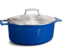 SAVEUR SELECTS 30cm / 6QT Enameled Cast Iron Oval Roaster -Stainless Steel Insulating Double-Walled Lid|Non Stick, Oven Safe 5.7L PFOA & PFAS-Free Cooking Pot Dutch Oven -Voyage Series -Classic Blue