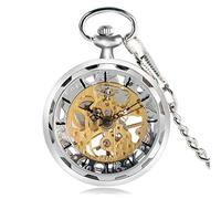 SaVgu Pocket Watch Pocket Watch Vintage Pocket Watch with Pocket Chain Open Face Design Mechanical Pocket Clock Exquisite Pocket Pendant Clock Gifts for Male,Silver