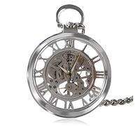 SaVgu Pocket Watch Pocket Watch Vintage Pocket Watch with Pocket Chain Open Face Design Mechanical Pocket Clock Exquisite Pocket Pendant Clock Gifts for Male,Silver Roman Numbers