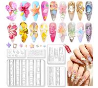 SAVILAND 3D Silicone Nail Art Molds: 5PCS Quick & Easy 3D Silicone Nail Molds with Flower Shell Letter Mold Reusable Clear Modeling Templates Tools for Fast Sculpting Design Home DIY Salon Manicure