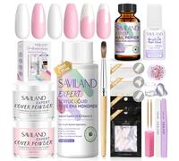 Saviland Acrylic Nail Kit: Keratin Powder, Castor Oil, Vitamin E, EMA Monomer, Primer, Glue, 84 French Tips, Pink Rhinestones, Complete Tools for DIY Home Salon