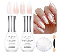 SAVILAND Essentials Chrome Nail Powder Set: Pearl Powder & Milky White Builder Nail Gel for Glaze Nails Strengthen Manicure 3-Step Kit with Glossy Top Gel Starter Practice Party At-Home DIY