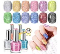 Saviland Glitter Nail Polish Set, Quick Dry Nail Varnish Reflective Shimmer Spring Nail Polish with Base Top Polish Coat Long Lasting Sparkle Metal Holographic Nail Varnish Kit for Women Manicure Art