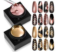 SAVILAND Metallic Gel Nail Polish Set: 2 PCS Antique Gold & Golden Orange Mirror Effect Chrome Gel Polish with V E & Castor Oil 3D Art Metal Painting Gel for Glossy Metallic Nails, Home DIY Manicure