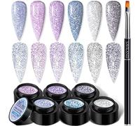 Saviland Reflective Glitter Gel Nail Polish Set - 6 Colors Super Flashing Diamond Gel Polish Set with Nail Brush, Purple Blue Black Sparkling Soak Off UV/LED Nail Gel Manicure Kit