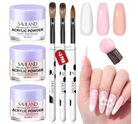 SAVILANDAcrylic Nail Kit: 3 Colors Powder, 3 Pcs Brushes (Size 8/10/14) for French Extensions & 3D Carving Art, Beginner DIY Home