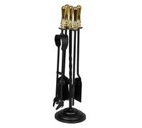 SAVING HUB 5 Piece Companion Set Fireplace Tools - Indoor Accessories for Coal Wood Fires Burner Cast Iron Toolset - Includes Brush, Tongs, Shovel, Poker Fireset Kit Black (Brass Handles 19")