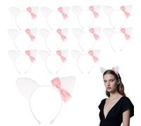 SAVITA 12 Pcs Kitty Hairband Cat Ears Headbands with Bows, Cute Coquettish Pink and White Cartoon Headdresses Kitten Party Favors for Women Girls Birthday Party Decoration Supplies