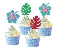 SAVITA 24pcs Tropical Cupcake Toppers, Glitter Aloha Flower Cupcake Topper Cake Decorations Summer Hawaiian Theme Luau Stitch Party Supplies for Baby Shower & Birthday Celebrations