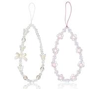 SAVITA 2pcs Beaded Phone Bracelet Strap, Crystal Butterfly Flower Pearl Bow Phone Wrist Chain Cute Mobile Phone Bracelet Lanyard Cute Chain for Girl Women Cell Phone Keychain Charm (White, Purple)