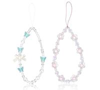 SAVITA 2pcs Beaded Phone Bracelet Strap, Crystal Butterfly Flower Pearl Phone Beaded Wrist Strap Cute Keychain Keyring Case Charm Accessories for Women (White, Blue)