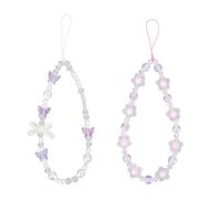 SAVITA 2pcs Beaded Phone Bracelet Strap, Crystal Butterfly Flower Phone Beaded Wrist Strap for Bag Camera Earbuds Case Decor(White & Purple)