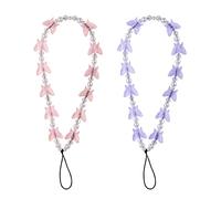 SAVITA 2pcs Beaded Phone Bracelet Strap, Crystal Butterfly Pearl Beaded Phone Charm Strap Hand Wrist Lanyard for Telephone Keychain Charm for Women Girls (Purple, Pink)