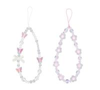 SAVITA 2pcs Beaded Phone Bracelet Strap, Cute Crystal Butterfly Flower Pearl Mobile Phone Beaded Wrist Strap Bracelet Lanyard Chain Accessories for Women Keychain Charm (White, Pink, Purple)