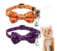 SAVITA 2pcs Halloween Cat Collars, Adjustable with Bow Printed Pumpkin Bats Pattern, Breakaway with Silver Bell, Cute for Kitten Puppy