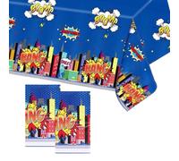 SAVITA 2pcs Hero Party Tablecloths, 4.27x7.22 ft Waterproof Blue Cute Cityscape Super Bang Plastic Table Cover Decoration Supplies for Birthday Baby Shower Hero Themed Party