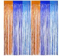 SAVITA 2pcs Orange & Blue Foil Tassel Curtain Backdrop, 3.3x6.6ft Tassel Birthday Party Decor Evil Photo Props Backdrop for Halloween Party Decoration Supplies