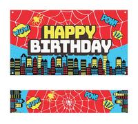 SAVITA 2pcs Red Spider Web Party Decorations, 5.9x3.3ft Super City Happy Birthday Backdrop Banner and 5.9x1.15ft Tablecloth Table Runner for Boys Kids Birthday Baby Shower Party Decor