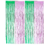 SAVITA 2pcs Tinsel Fringe Curtains, 6.56x3.28ft Wavy Rain Curtain Backdrop Pink Green Streamers Photo Backdrop for Birthday Bachelorette Party Decorations