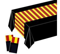 SAVITA 2pcs Wizard Tablecloth, 108x54 Inch Plastic Black & Red Golden Stripe Tablecloth Wizard Table Cover Runner Magical Themed Party Supplies for Halloween Birthday