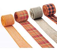 Savita 4 Rolls 2 inch x 6.6 Yard Buffalo Plaid Burlap Ribbons, Weave Ribbon with Wired Edge for Wrapping, DIY Crafts, Floral Bows, Thanksgiving Autumn Decorations