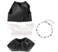 SAVITA 4pcs Doll Outfit Set, Cool Black Leather Jacket & Pants 17 cm White T-Shirt with Silver Heart Necklace Stylish 17cm Plush Doll Clothes & Accessories