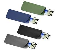 SAVITA 4pcs Soft PU Leather Eye Glasses Cases, 2.9 x 6.88 Inch Portable Thin Slim Reading Eyeglasses Case Sunglasses Pocket Pouch for Women Men (4 Colors), Black, Dark Gray, Green, Dark Blue (D23142)