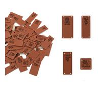 SAVITA 80pcs Handmade Leather Labels for Crochet Items Personalized PU Leather Hat Tags Embossed Crochet Tags with Holes Cute Patterns for Beanies Clothing DIY Knitting Crafts (4 Styles)