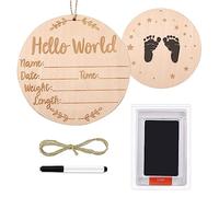 SAVITA Baby Announcement Sign set, 5.9 inch Hello World Newborn Double Side Wooden Birth Ink Pad and Maker Pen Name Personalized Gifts Nursery Hospital (B33026)