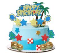 SAVITA Cartoon Themed Happy Birthday Cake Topper, Cute Animals Forest Cake Decoration Palm Trees Stars Balls Cupcake Topper for Boys Girls Party Supplies