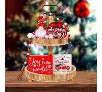 SAVITA Christmas Tiered Tray Decor Set, 5pcs Vintage Wooden Tray Decorations Farmhouse Set Plaid with Gnome, Round Signs, Tassel Bead String for Christmas Holiday Home Kitchen