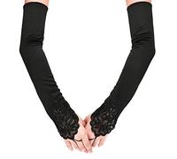 SAVITA Fingerless Long Black Gloves Pierced Elbow Length Satin Gloves 19" Stretchy Opera Evening Party 1920s for Women